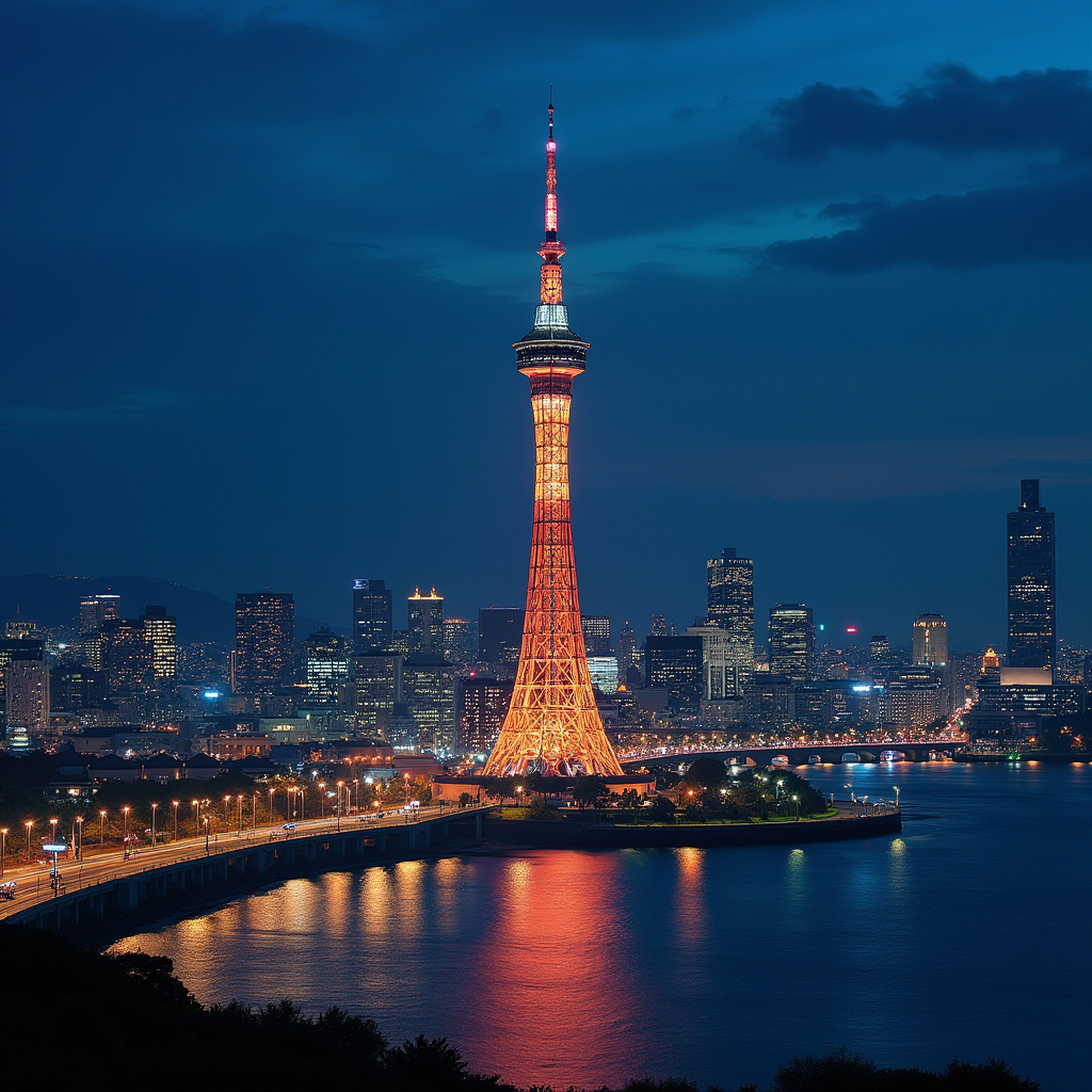 Wieczorna iluminacja Fukuoka Tower, nadmorski krajobraz i światła miasta