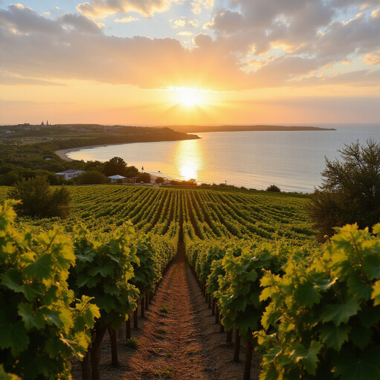 winnice na Djerbie z widokiem na lagunę i lokalne rośliny