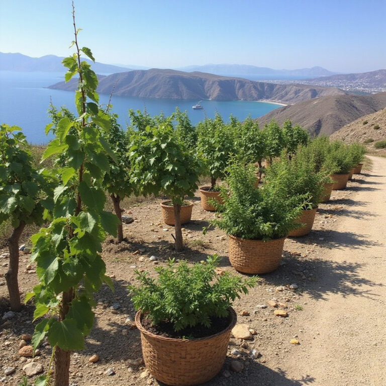 Winorośle w koszach na Santorynie, tradycyjna uprawa kouloura