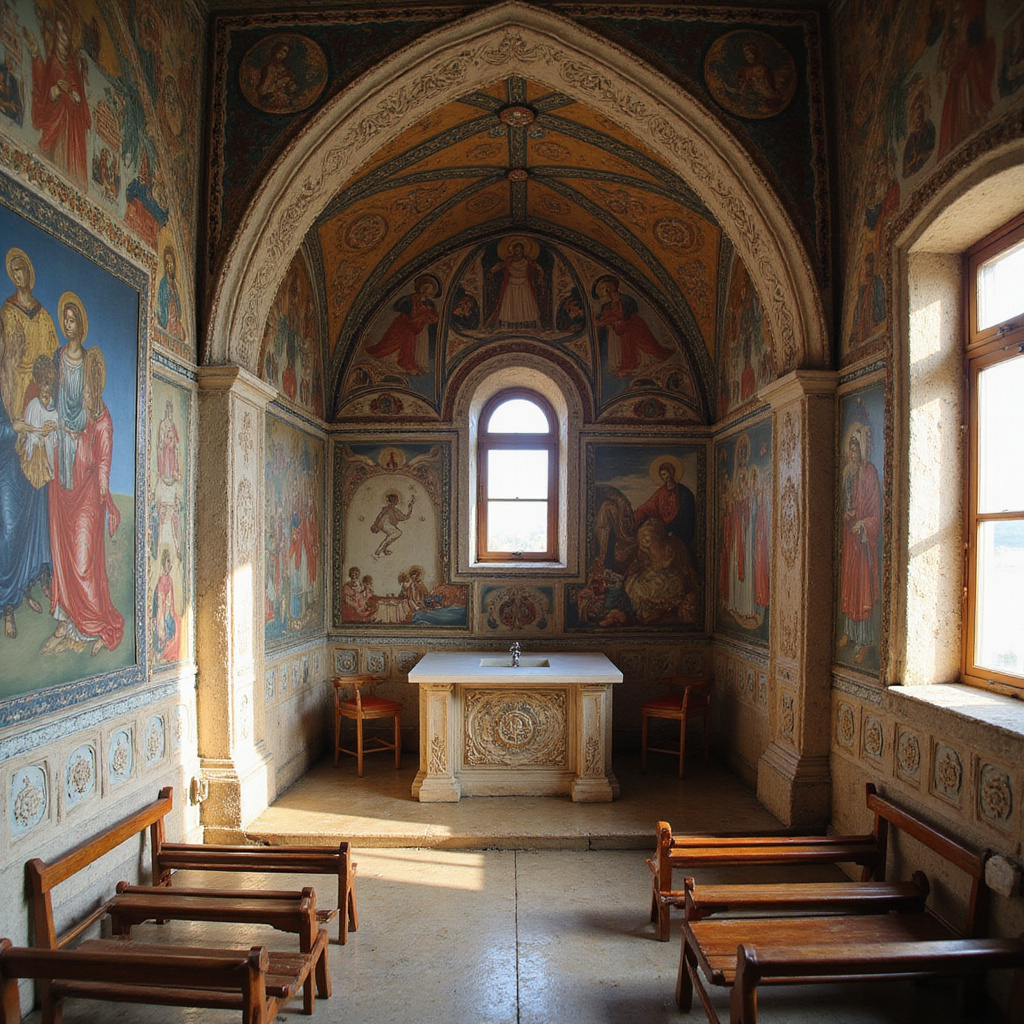 Wnętrze kościoła Panagia tou Araka z freskami, światło wpadające przez okno