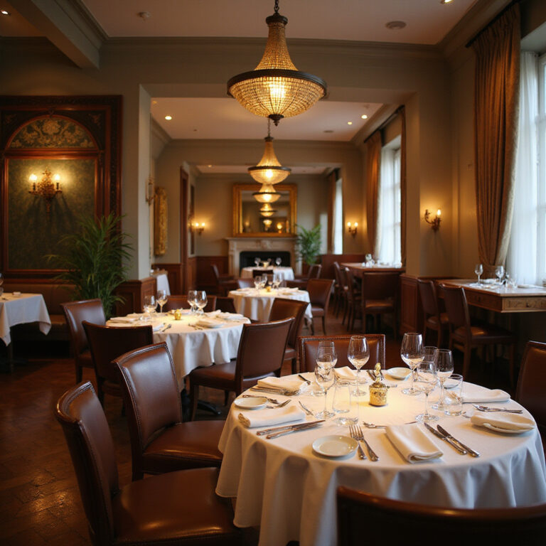 Elegancka restauracja z gwiazdkami Michelin w Paryżu, stoliki z białymi obrusami