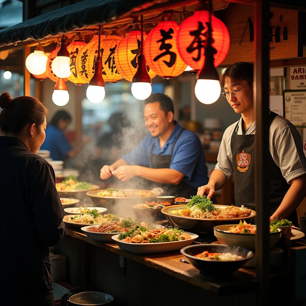 Yatai w Fukuoce serwujące lokalne przysmaki w tym Hakata ramen