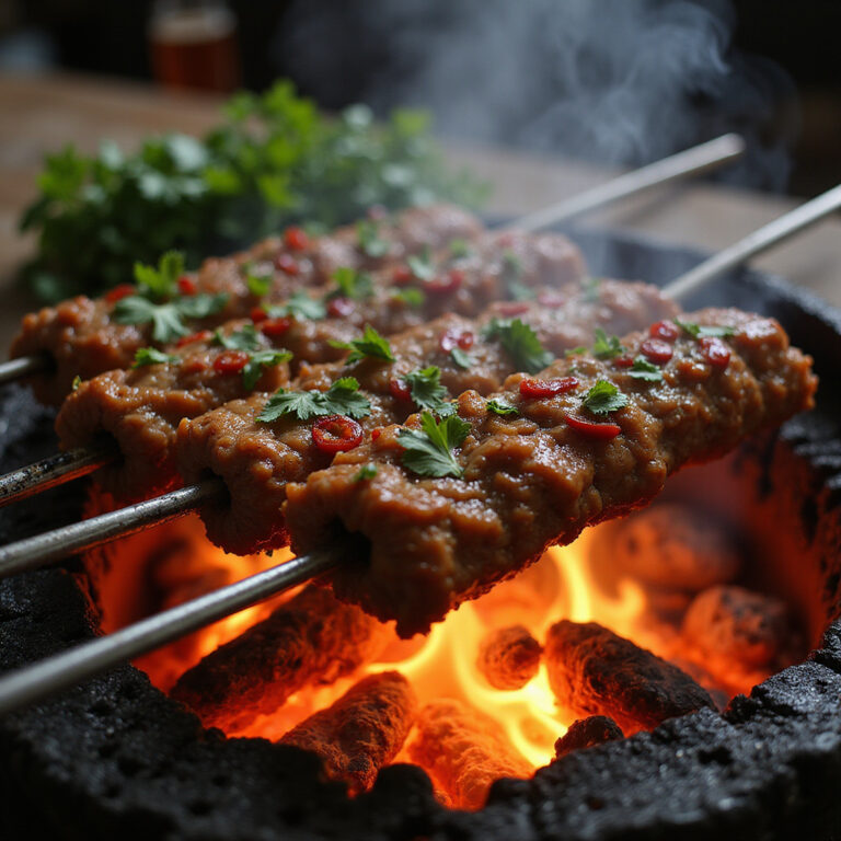 Adana kebab na grillu z ostrymi przyprawami i świeżą kolendrą