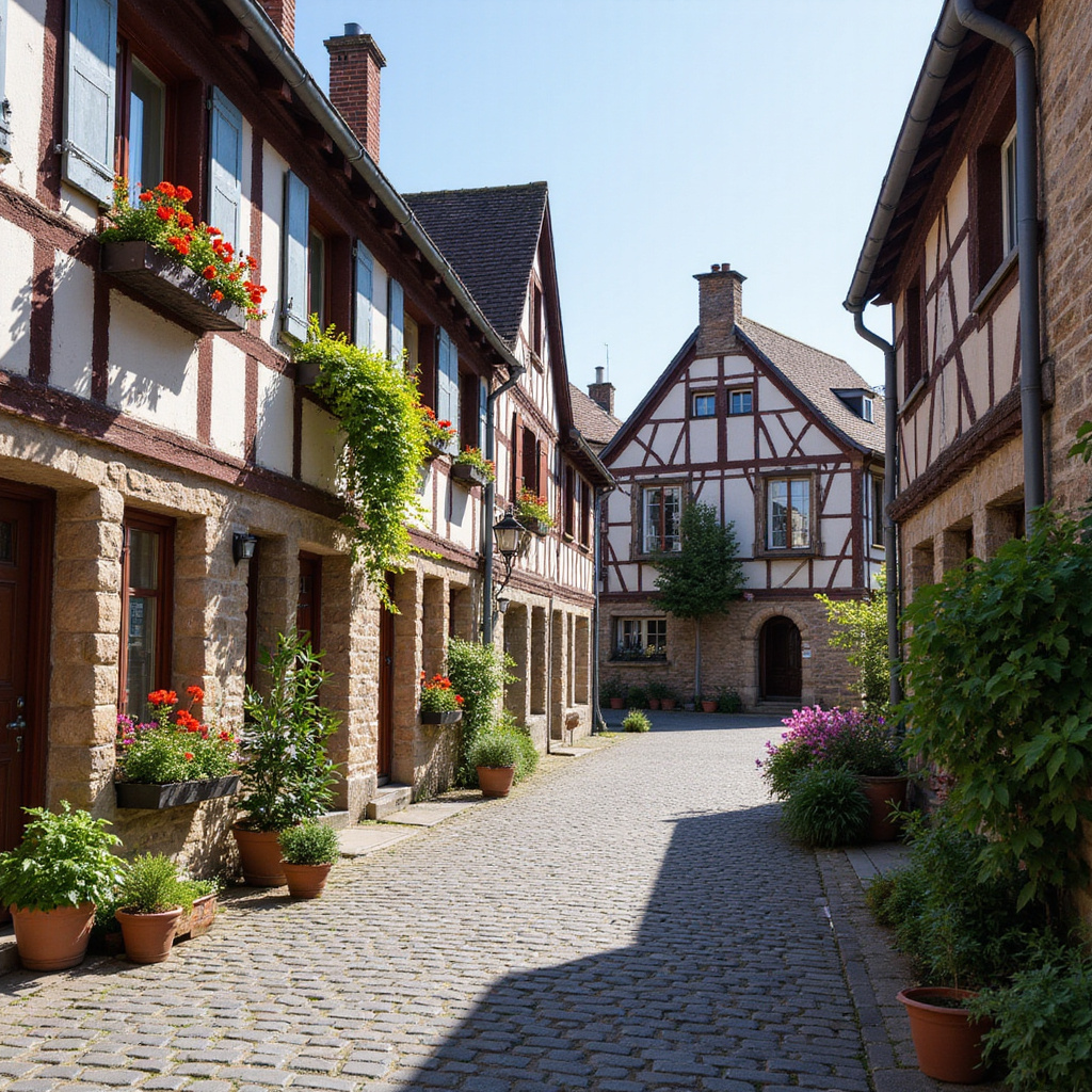 Urokliwa uliczka w alzackiej wiosce z tradycyjnymi domami