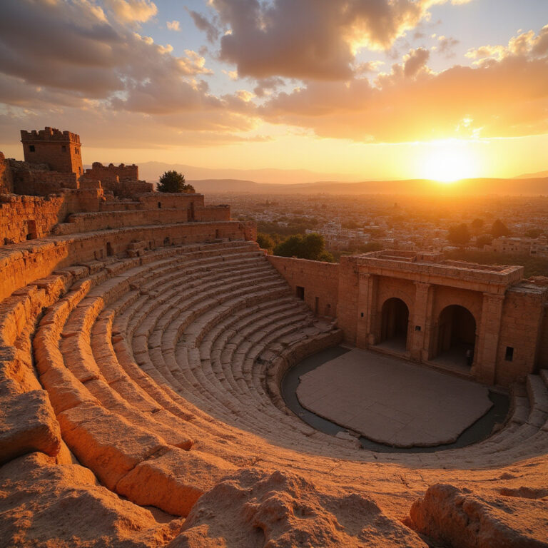 Amfiteatr w El Djem o zachodzie słońca, starożytna architektura, złota godzina