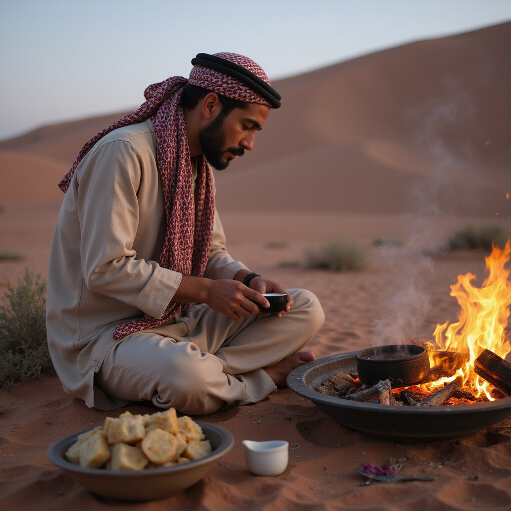 Beduin przy ognisku parzy kawę w tradycyjnym stroju na pustyni