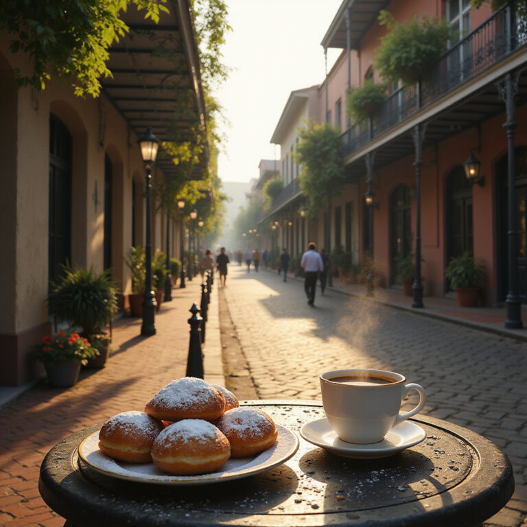Beignets i chicory coffee na ulicy w Nowym Orleanie - tradycyjne śniadanie w cieniu zabytkowych kamienic