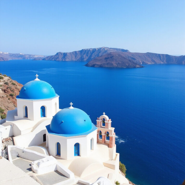 błękitne kopuły Santorynu na tle morza – fotografia podróżnicza