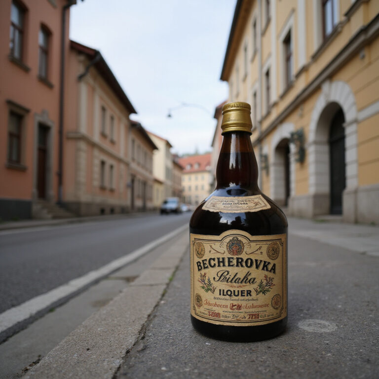 Butelka Becherovki na tle zabytkowej ulicy w Karlowych Warach, kultowy likier z Czech