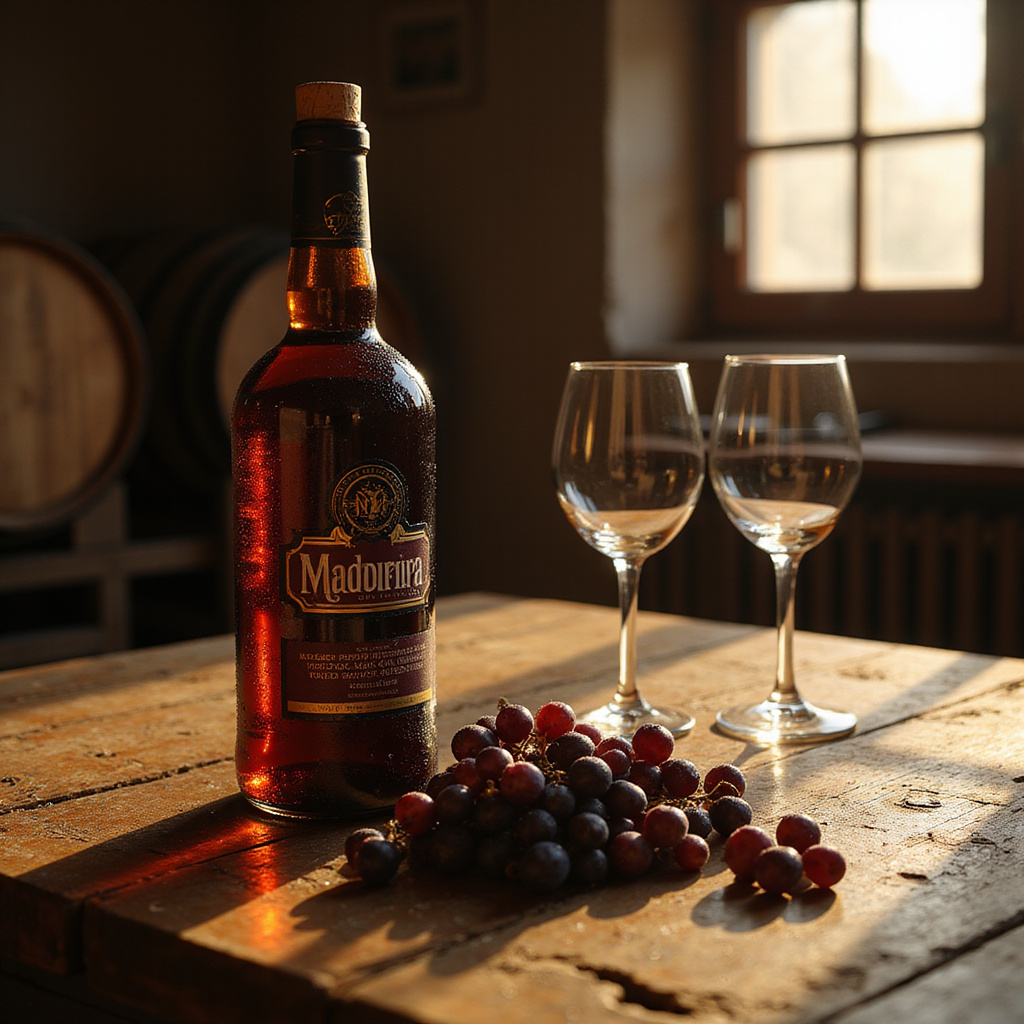 Butelka wina Madera na tle drewnianego stołu z winogronami i kieliszkami