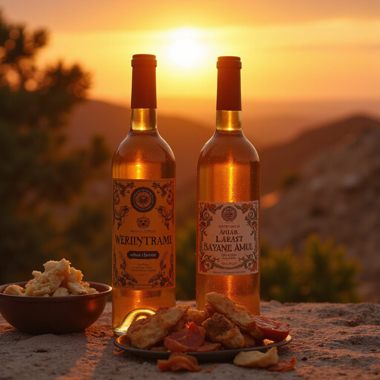 Butelki lokalnych win w Tunezji na tle zachodzącego słońca – aromatyczne wino i tradycyjne smaki
