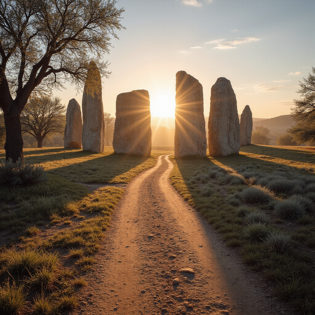 Droga prowadząca do megalitów Almendres z widokiem na starożytne kamienie i oliwne gaje