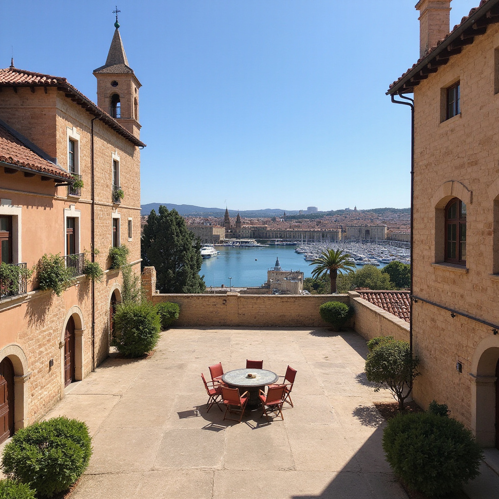 Dziedziniec Pałacu Almudaina z widokiem na port w Palma de Mallorca