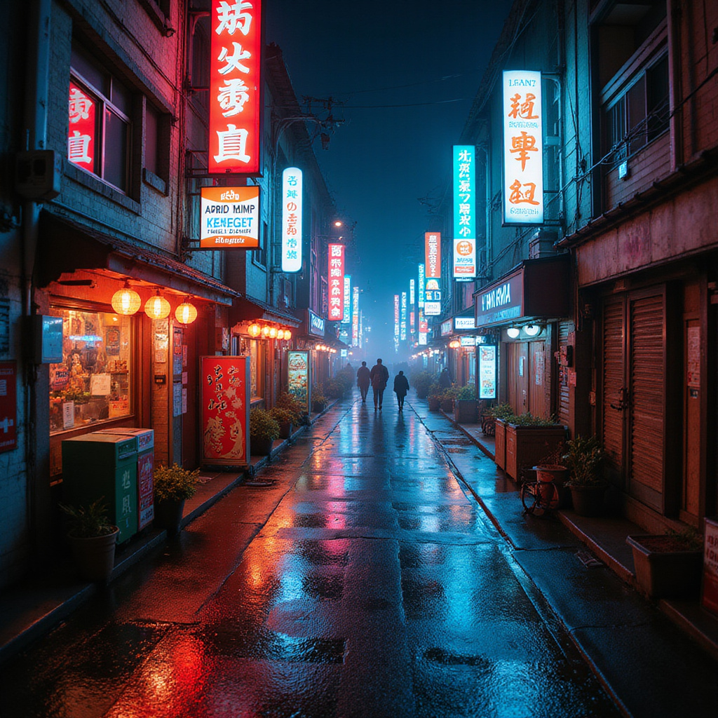 Ulica w dzielnicy Shibuya z lokalnymi barami ramen, żywe kolory i neonowe znaki