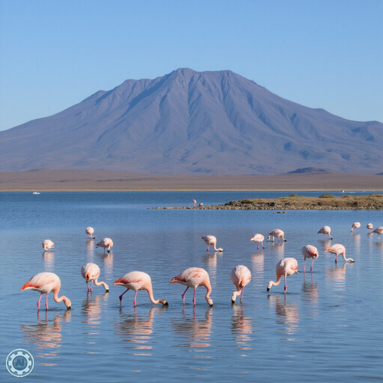 Jezioro Bogoria z różowymi flamingami na tle gór