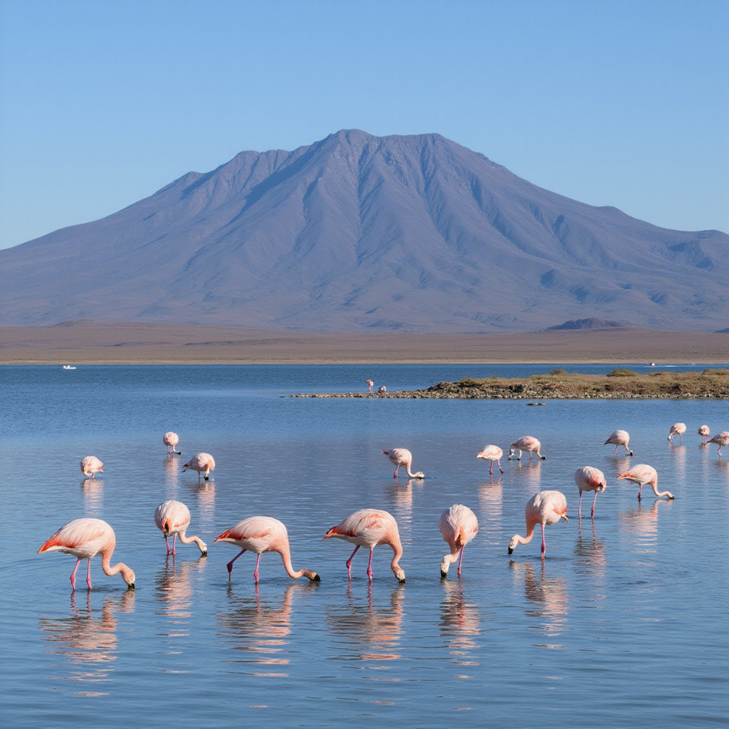 Jezioro Bogoria z różowymi flamingami na tle gór