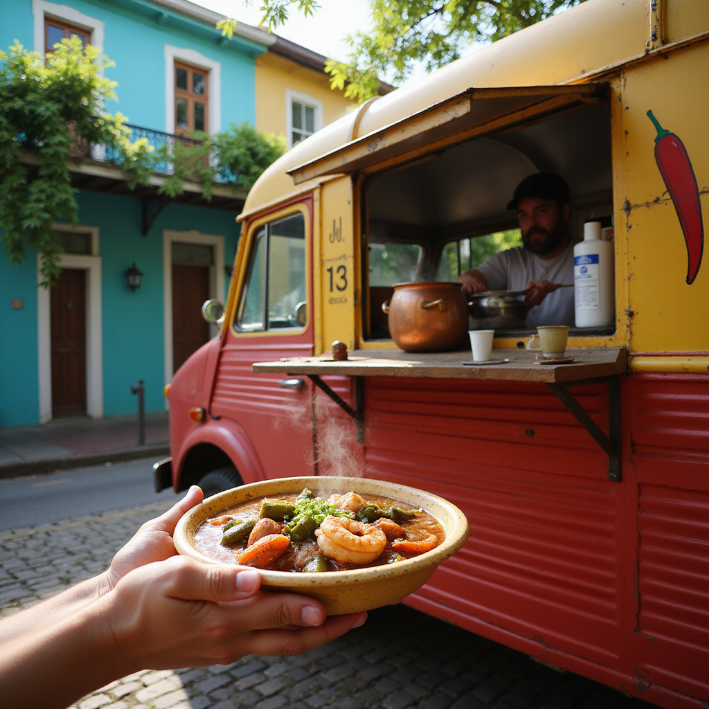 Food truck z gumbo na tle kolorowych murów w dzielnicy Tremé - aromatyczna uczta dla zmysłów