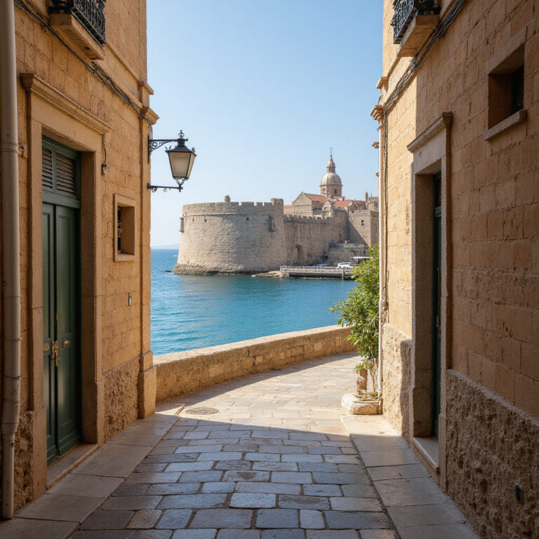 Uliczki Birgu z widokiem na Fort St. Angelo - historyczne dziedzictwo Joannitów