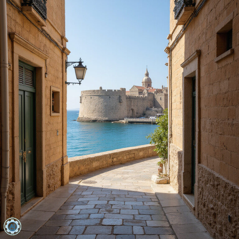 Uliczki Birgu z widokiem na Fort St. Angelo - historyczne dziedzictwo Joannitów
