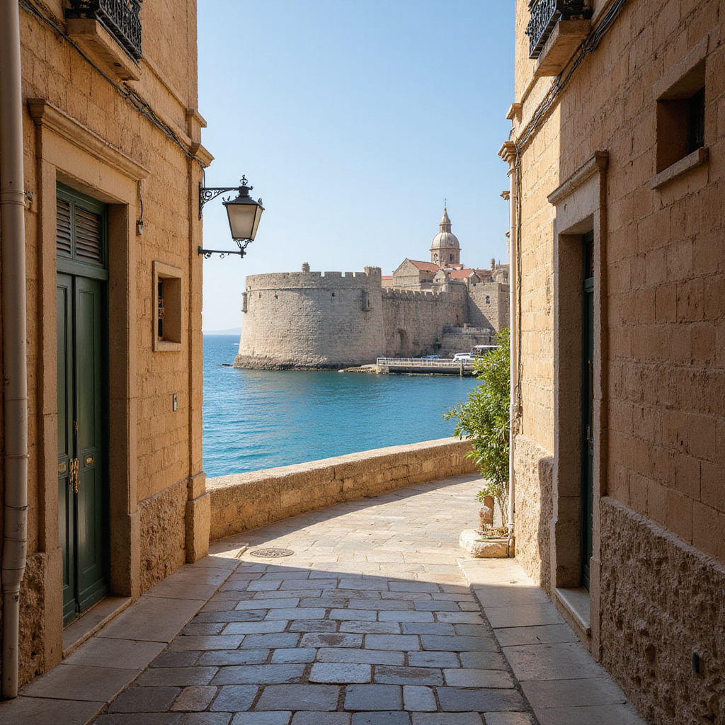 Uliczki Birgu z widokiem na Fort St. Angelo - historyczne dziedzictwo Joannitów