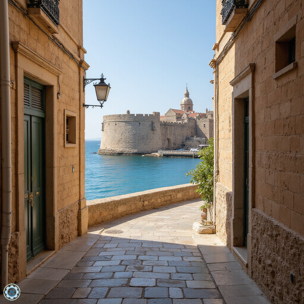 Uliczki Birgu z widokiem na Fort St. Angelo - historyczne dziedzictwo Joannitów