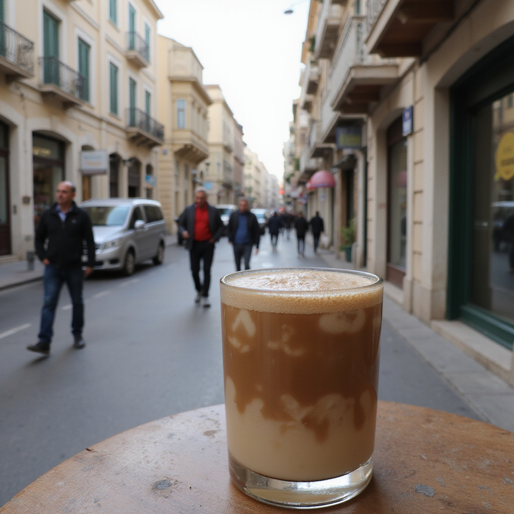 Szklanka frappe z widokiem na ulicę w Atenach w tle