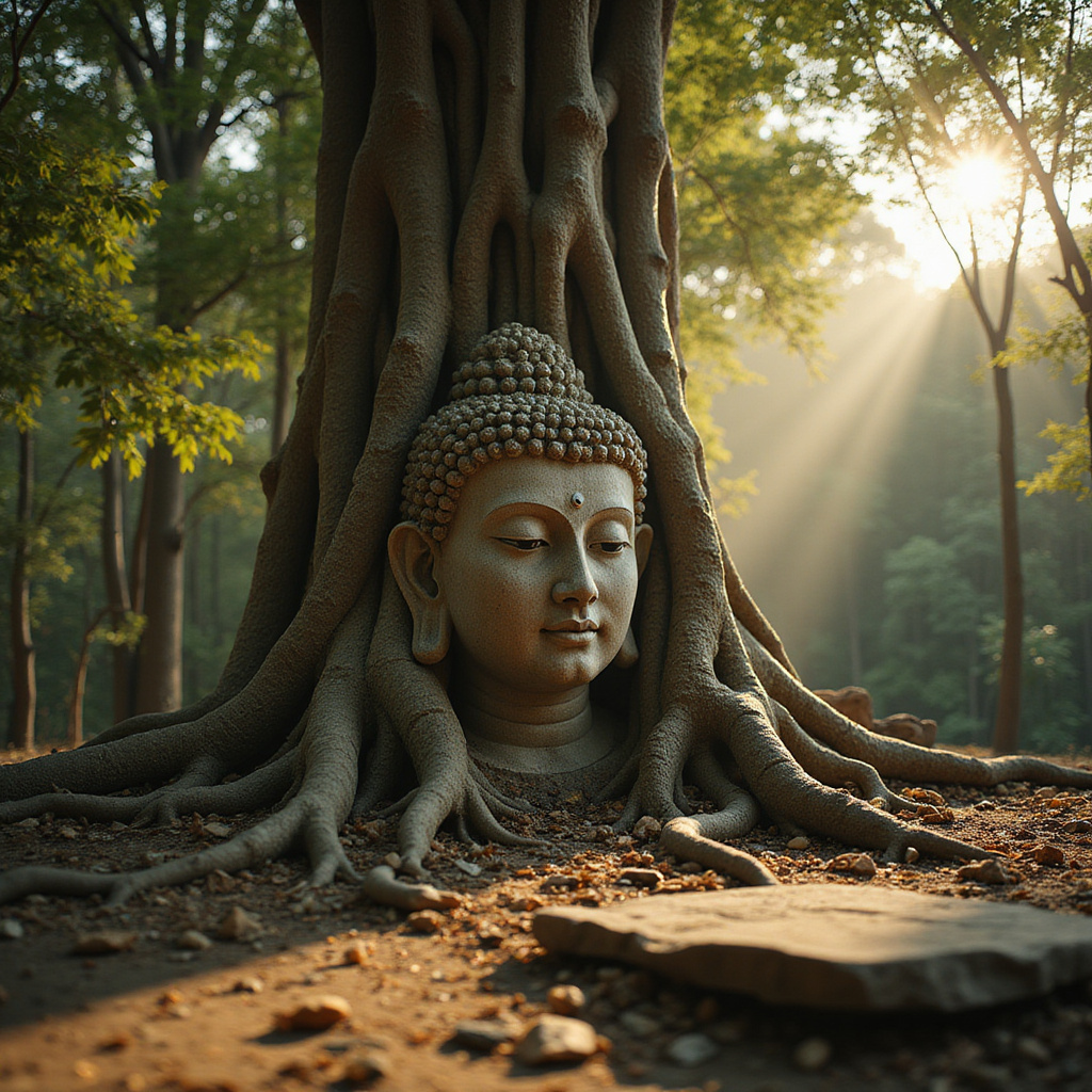 Głowa Buddy w korzeniach drzewa w Wat Mahathat, tajlandzka atrakcja turystyczna