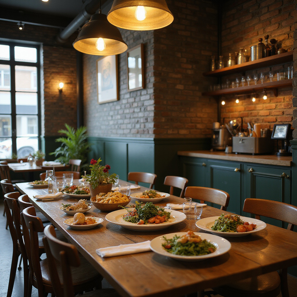 Wnętrze łódzkiej restauracji z industrialnym klimatem i roślinnymi daniami na stole