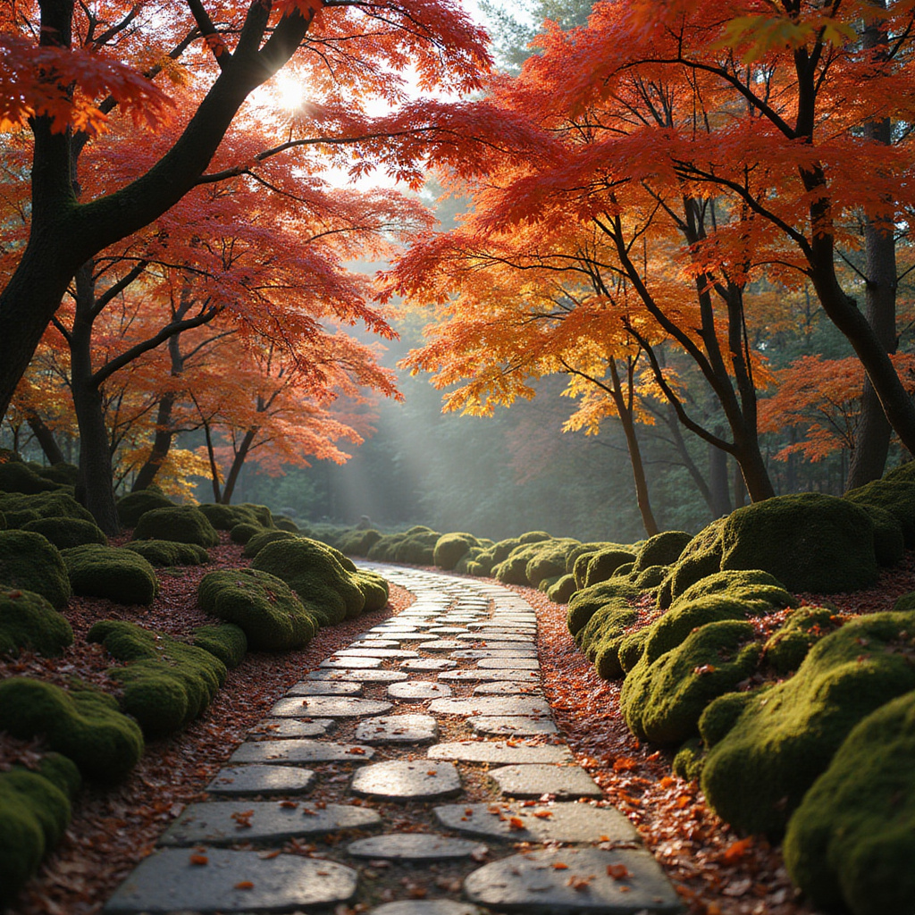 Jesienne klony w Ogrodzie Nunobiki - czerwone i pomarańczowe liście na kamiennej ścieżce