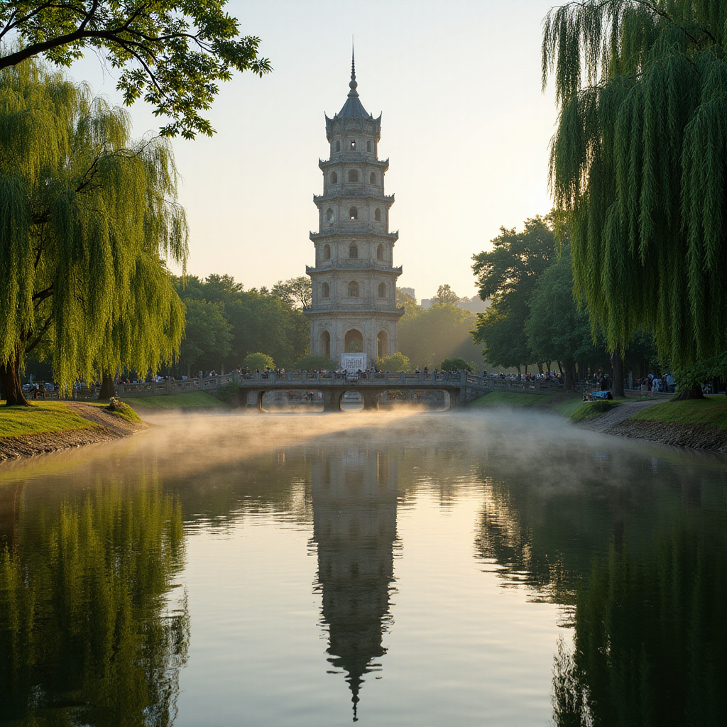 Jezioro Hoan Kiem z Wieżą Żółwia w tle, otoczone zielenią