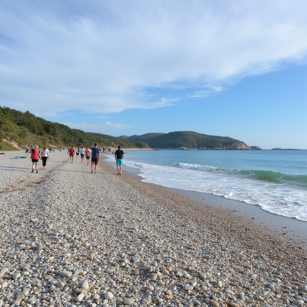Spacerujący turyści na kamienistej plaży Wysp Frioul