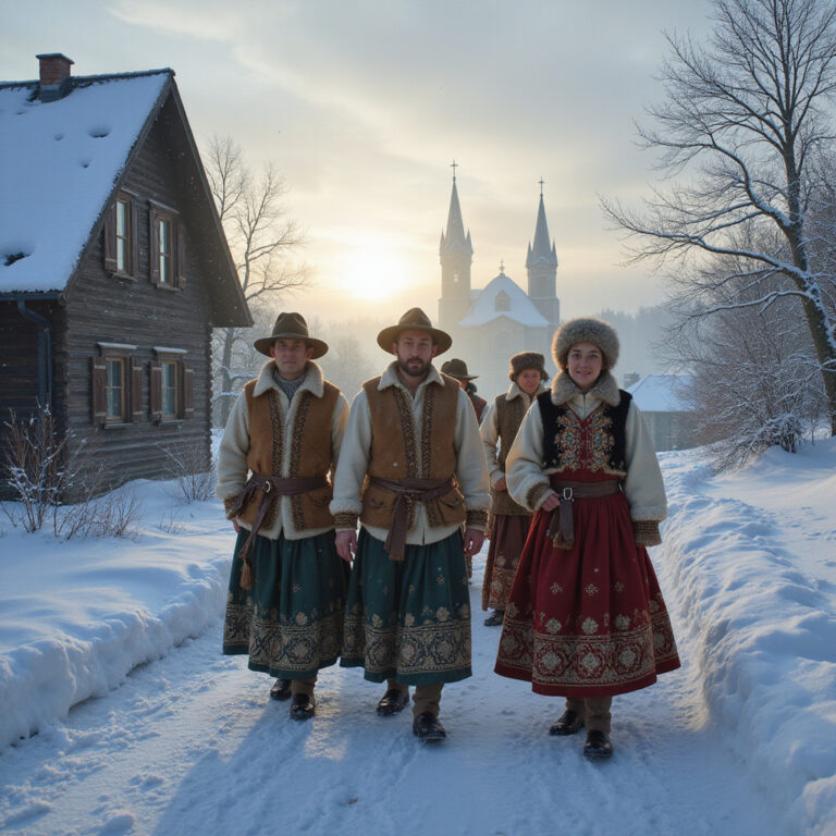 Kolędnicy w tradycyjnych strojach w Bukowinie, zimowy poranek