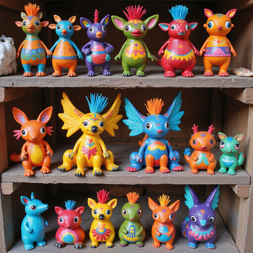 Kolorowe alebrijes na targu w Oaxaca - ręcznie malowane figurki zwierząt