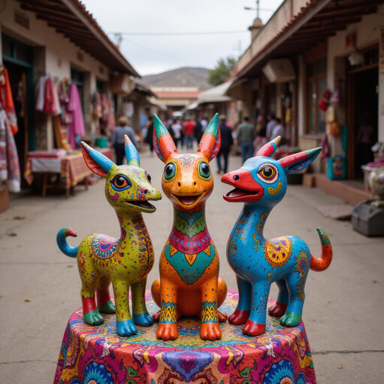 Kolorowe alebrijes z Oaxaca na tle tradycyjnego meksykańskiego targu