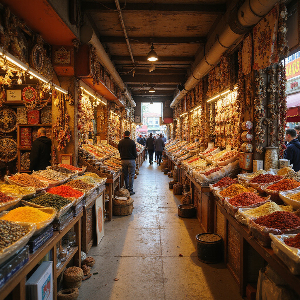 Kolorowe stragany na bazarze w Antalyi z lokalnymi rękodziełami i przyprawami