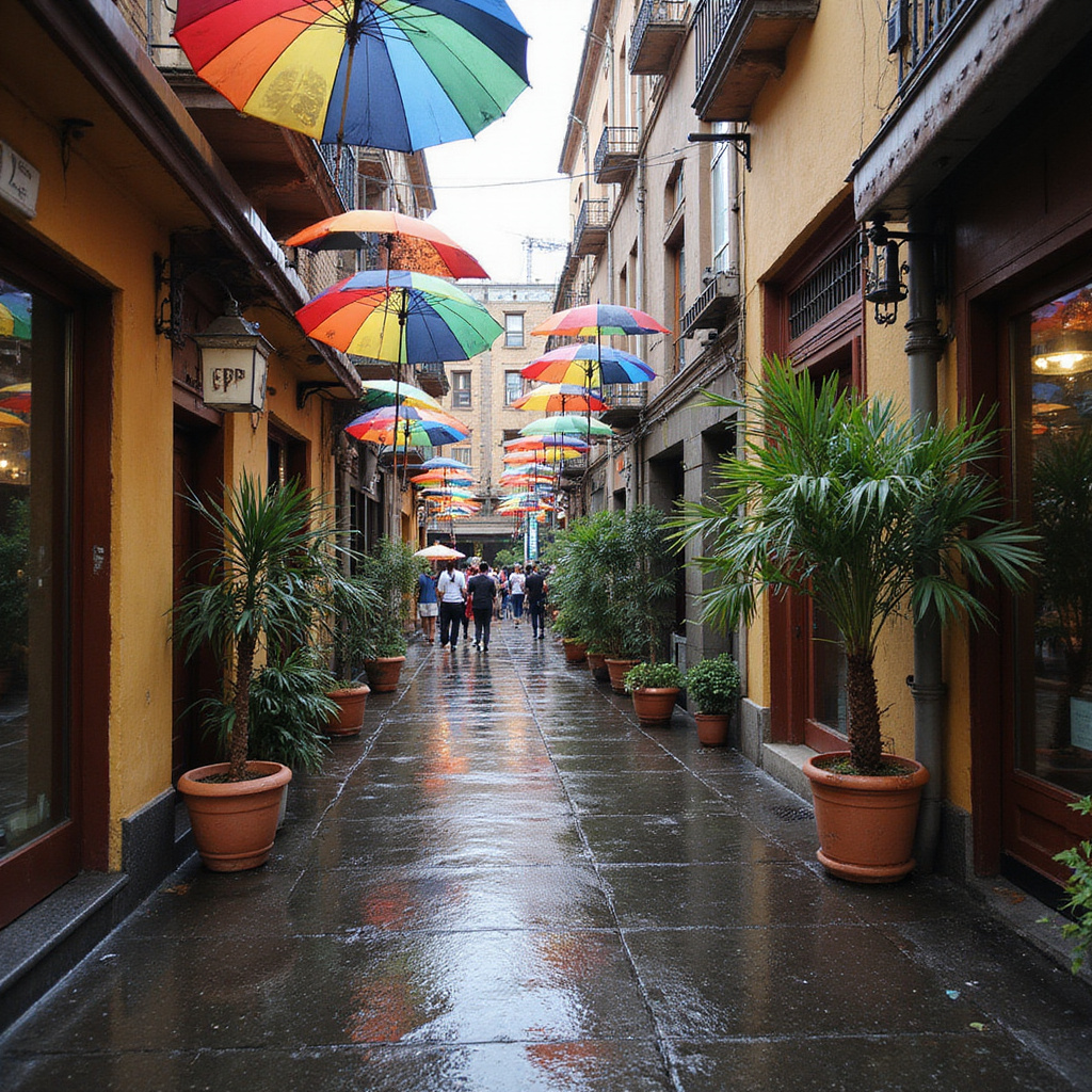 Uliczki Guadalajary w porze deszczowej z kolorowymi parasolami