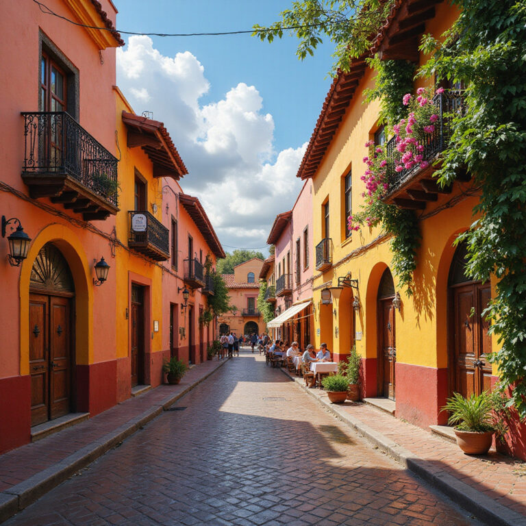Uliczka w San Miguel de Allende z kolorowymi fasadami i restauracjami serwującymi tequilę