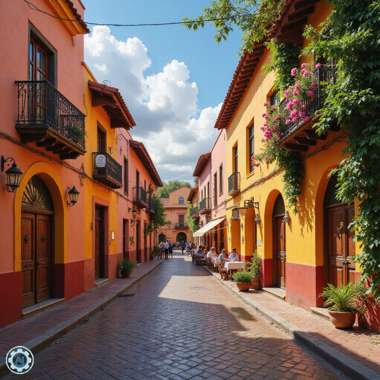 Uliczka w San Miguel de Allende z kolorowymi fasadami i restauracjami serwującymi tequilę