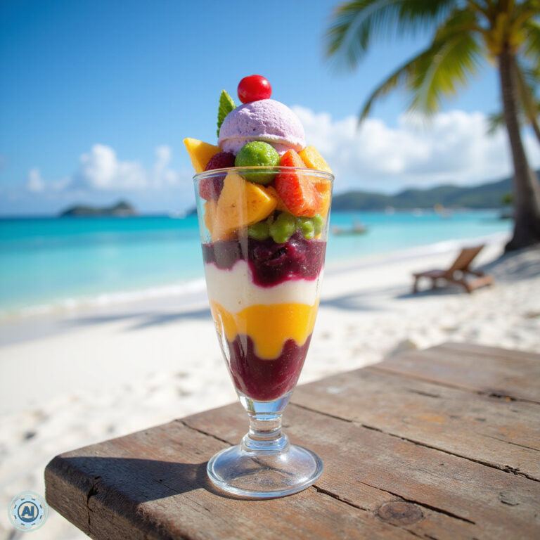 Kolorowy deser Halo-Halo z lodem i owocami na tle plaży Boracay