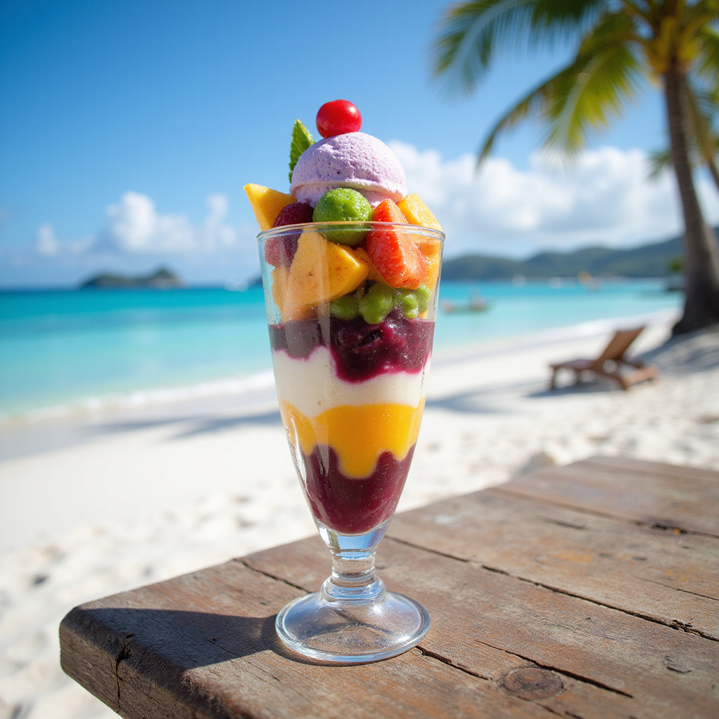 Kolorowy deser Halo-Halo z lodem i owocami na tle plaży Boracay