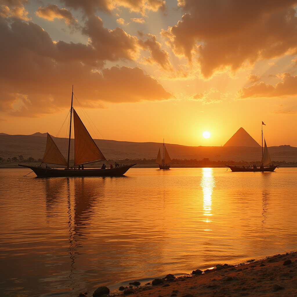 Widok na Nil z łodziami i krajobrazem pustynnym w tle