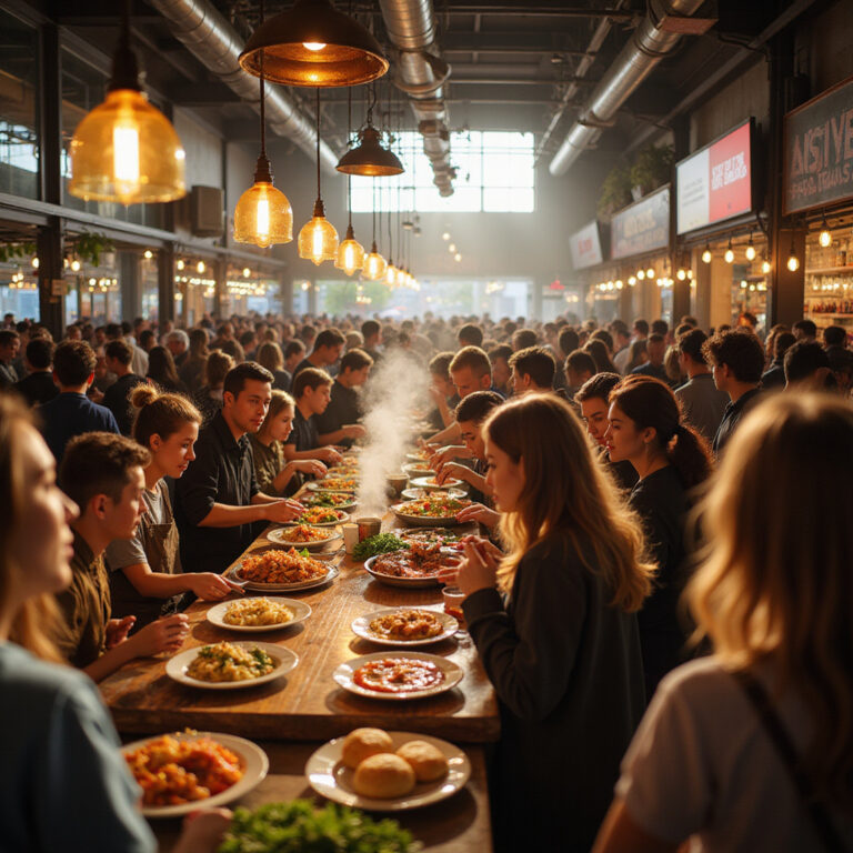 Tłum ludzi w Time Out Market próbujących różnych dań z całego świata