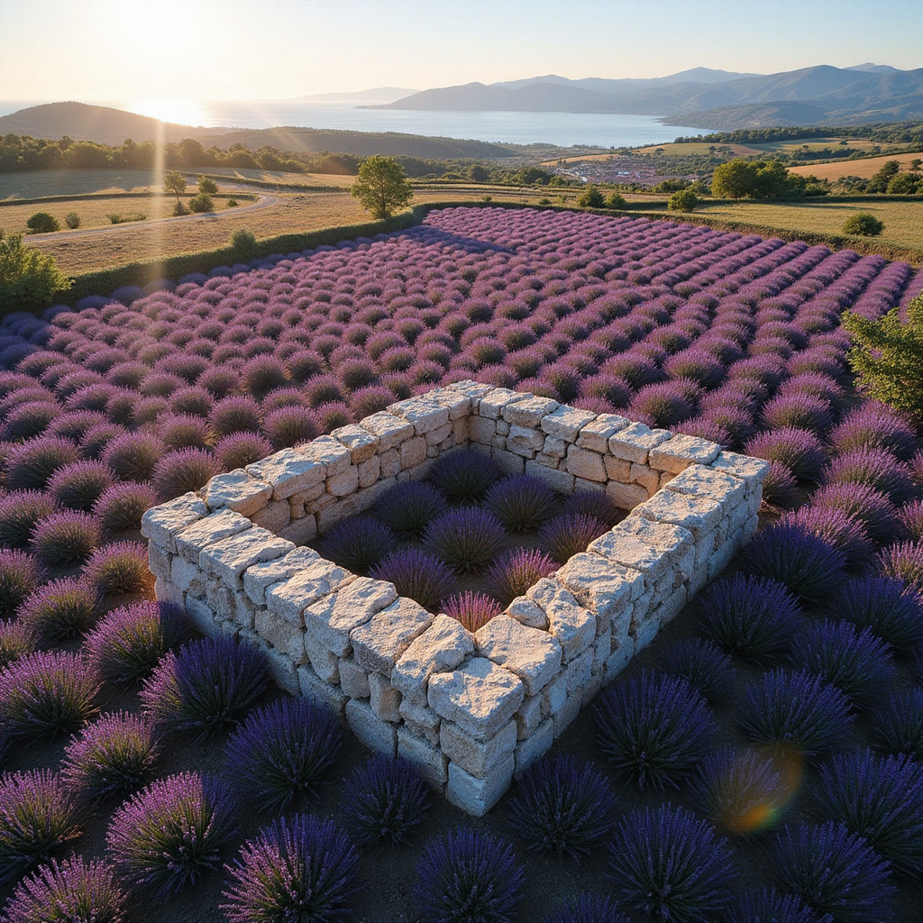 Kamienne mury i pola lawendy na Równinie Stari Grad w Chorwacji