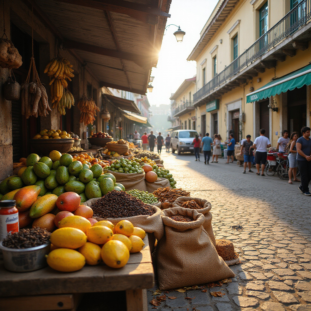Tradycyjne dominikanskie jedzenie na targu w Santo Domingo, swieze owoce i lokalne przyprawy