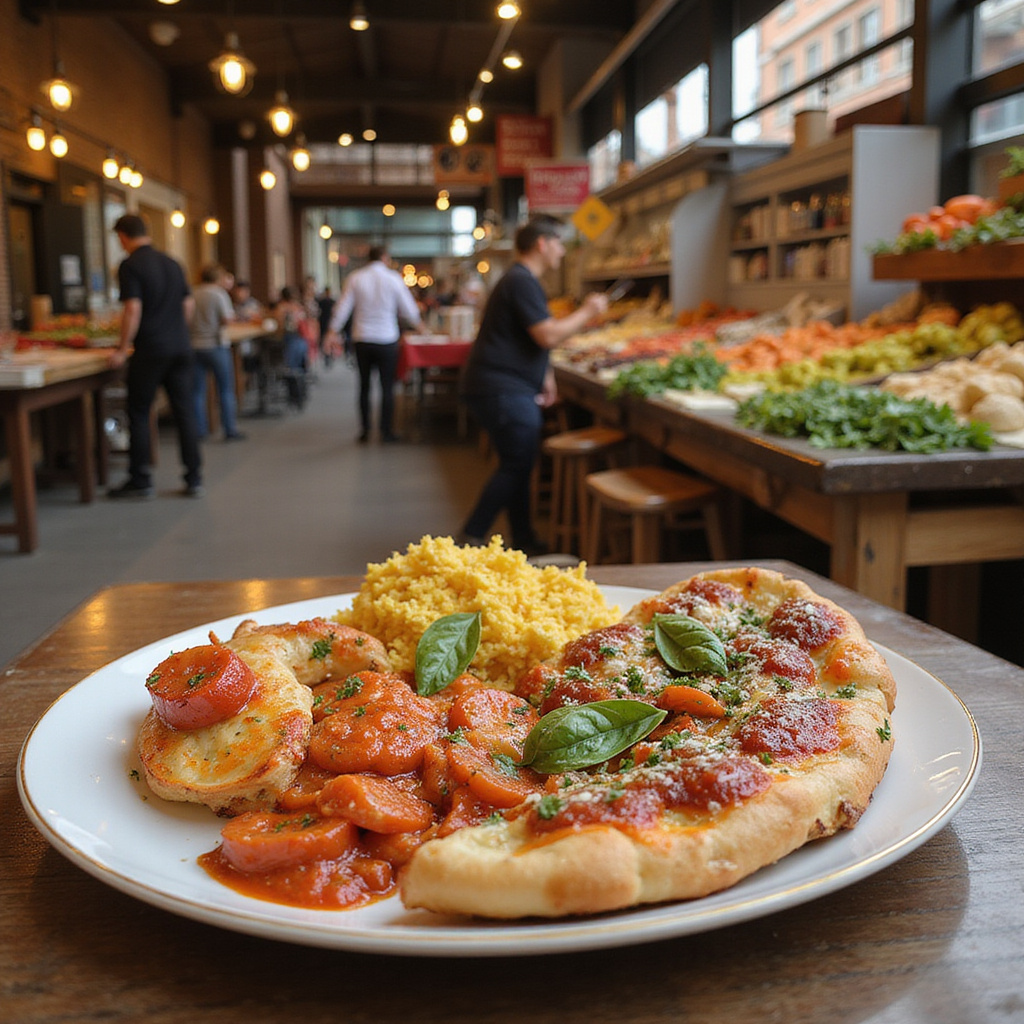 Talerz z tradycyjnymi włoskimi daniami na tle targu Mercato di Mezzo w Bolonii