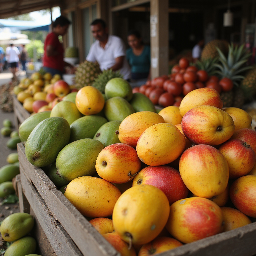 Świeże mango i guanábana na targu w Santo Domingo, egzotyczne owoce Dominikany