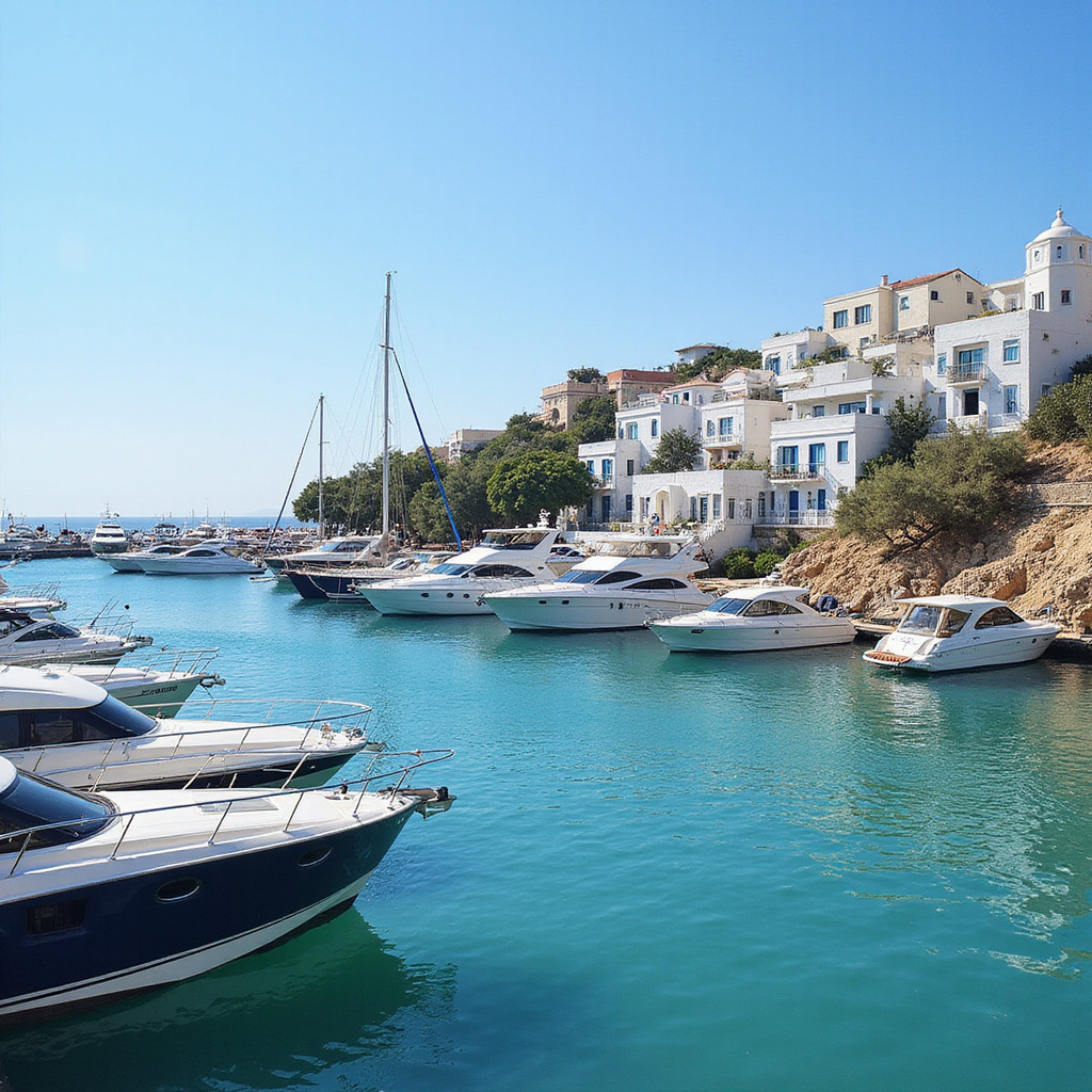Marina w Sidi Bou Said z jachtami i widokiem na morze