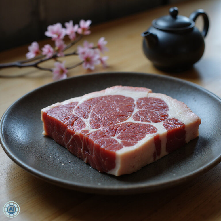Marmurkowatość mięsa Kobe beef na tle tradycyjnej japońskiej kuchni