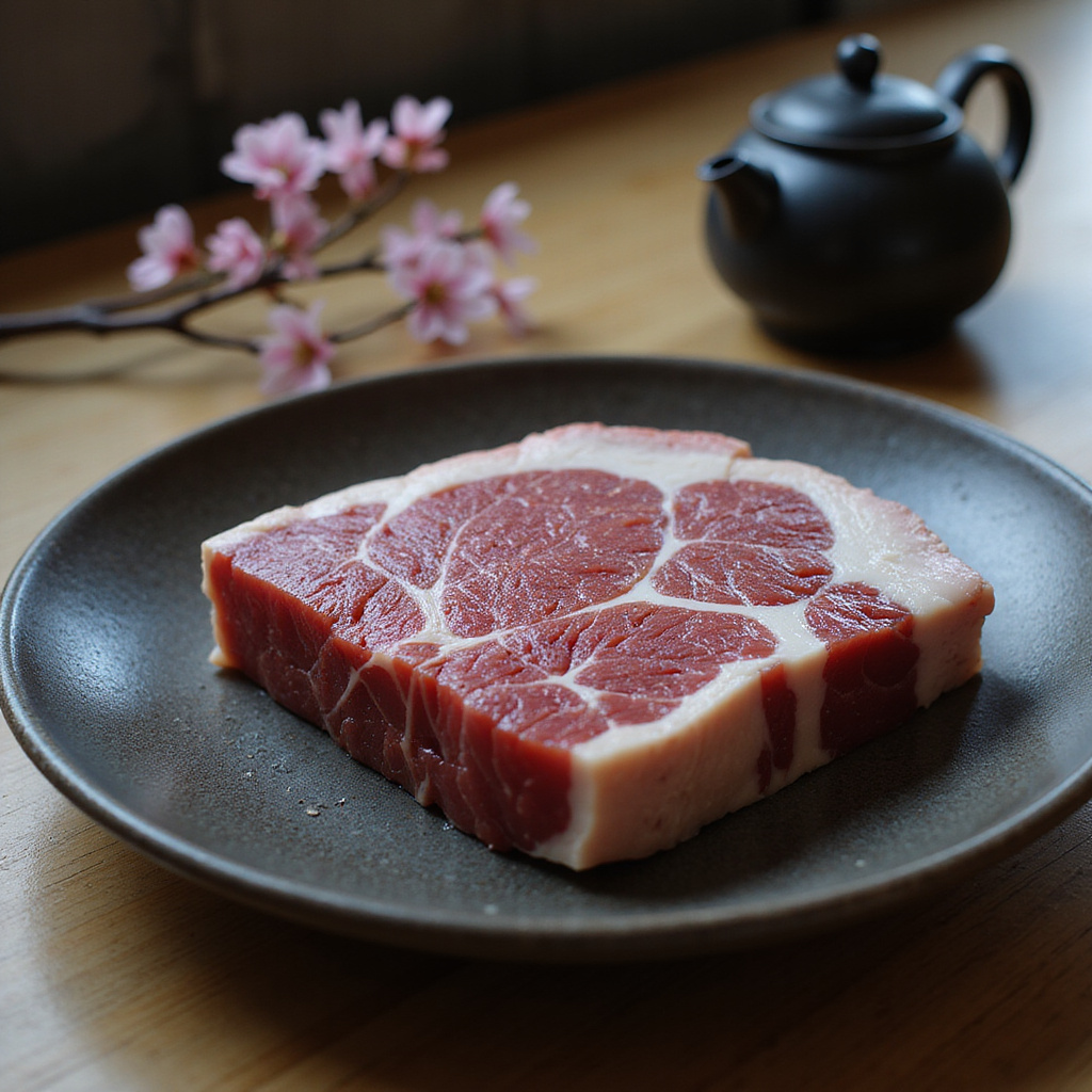 Marmurkowatość mięsa Kobe beef na tle tradycyjnej japońskiej kuchni