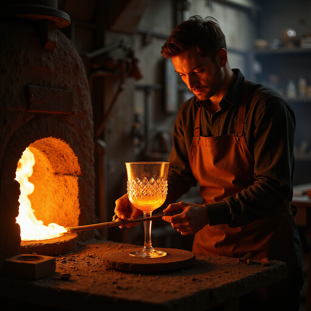 Rzemieślnik pracujący nad kryształowym kieliszkiem w hucie szkła